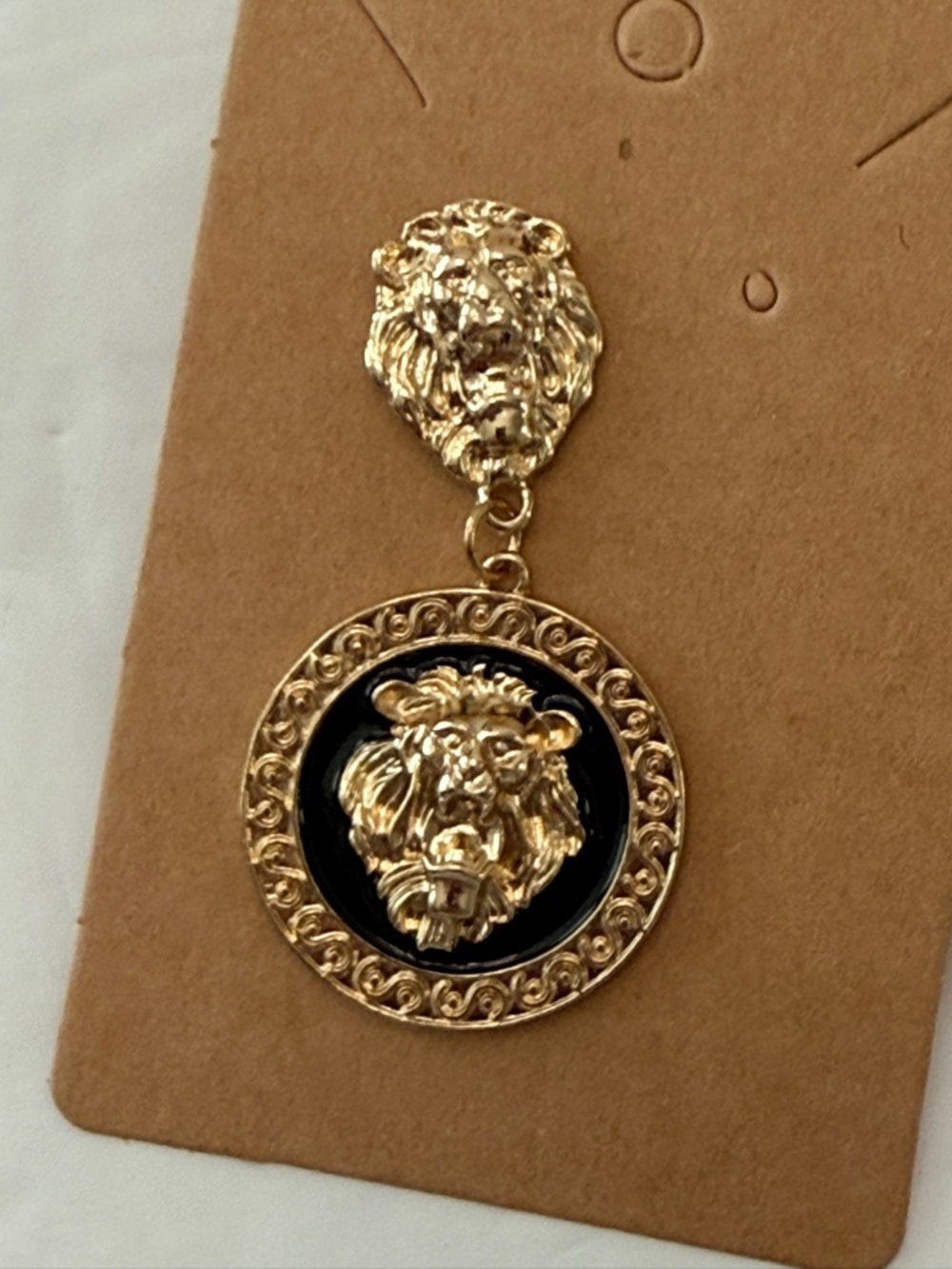 Gold Lion Head Medallion Earrings Black Enamel Statement Drop - Picture 12 of 13